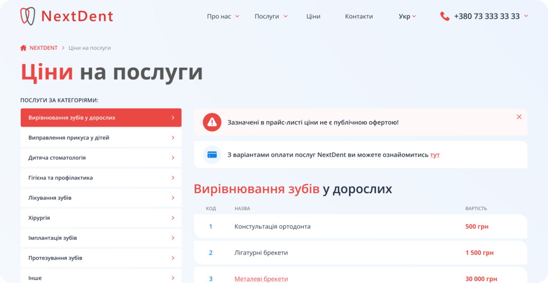 Вартість медичних послуг - NextDent